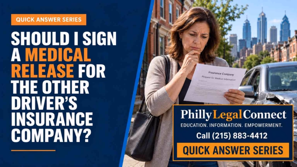 Middle-aged woman reviewing an insurance company medical release after a car accident in Philadelphia.