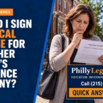 Middle-aged woman reviewing an insurance company medical release after a car accident in Philadelphia.