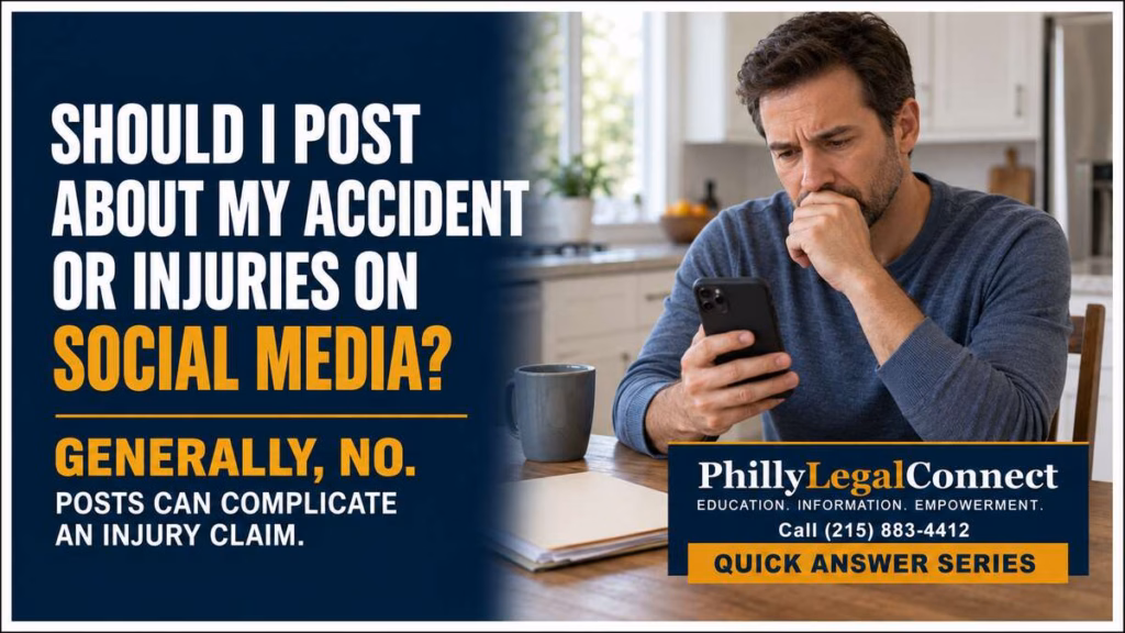 Man looking at his phone beside a warning that posting on social media after an accident can complicate an injury claim.