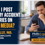 Man looking at his phone beside a warning that posting on social media after an accident can complicate an injury claim.