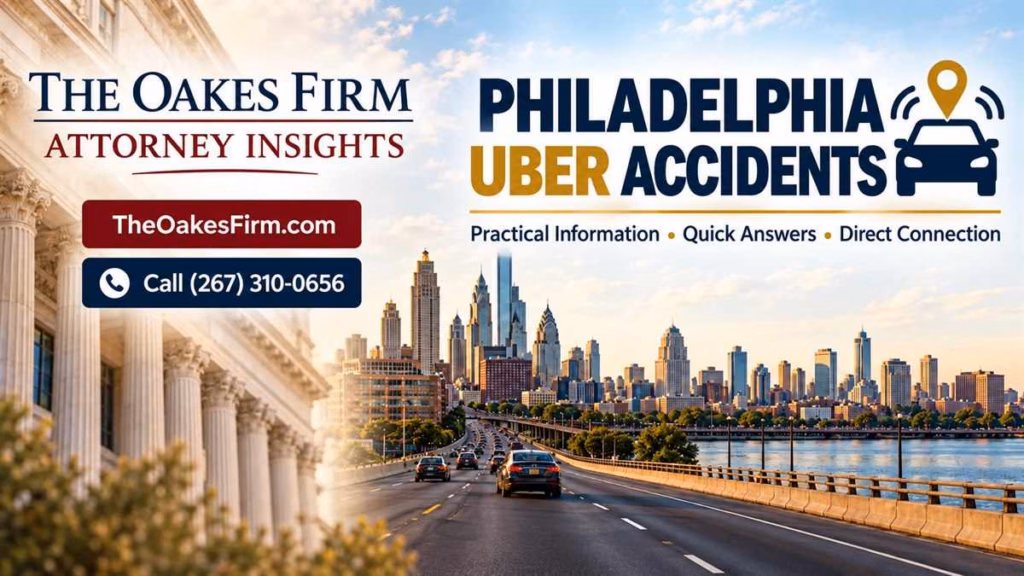 Philadelphia Uber accident attorney insights from The Oakes Firm and PhillyLegalConnect, with the Philadelphia skyline and rideshare accident guidance.