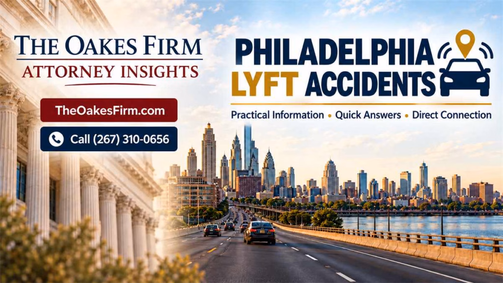 Philadelphia Lyft accident attorney insights from The Oakes Firm and PhillyLegalConnect, with the Philadelphia skyline and rideshare guidance.