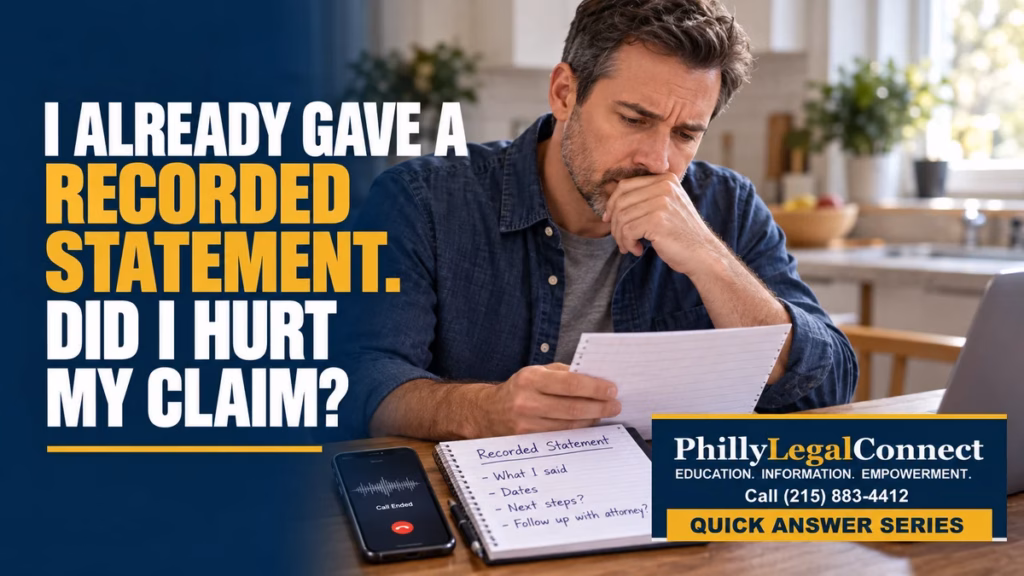 Concerned man reviewing notes beside a phone after he already gave a recorded statement to an insurance company.
