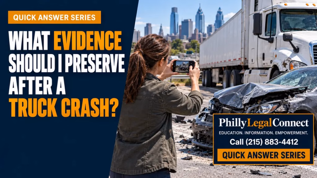 Evidence to preserve after a truck crash, showing a woman photographing damaged vehicles and a commercial truck in Philadelphia.