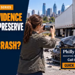 Evidence to preserve after a truck crash, showing a woman photographing damaged vehicles and a commercial truck in Philadelphia.