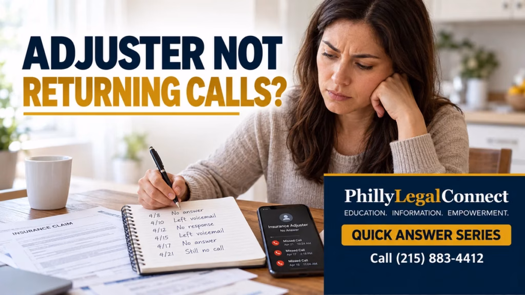 Woman reviewing unanswered call notes and claim paperwork after her insurance adjuster stopped returning calls, with the PhillyLegalConnect Quick Answer Series banner.