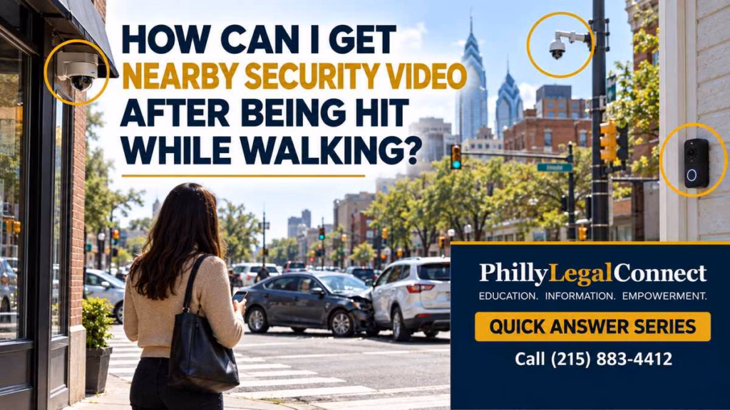 Pedestrian looking for nearby security video after being hit by a car at a Philadelphia intersection.