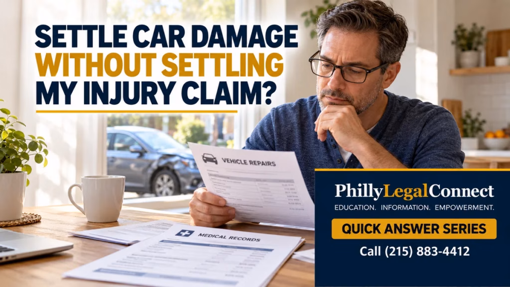 Man reviewing vehicle repair and medical paperwork while considering, “Can I settle my car damage claim without settling my injury claim?”