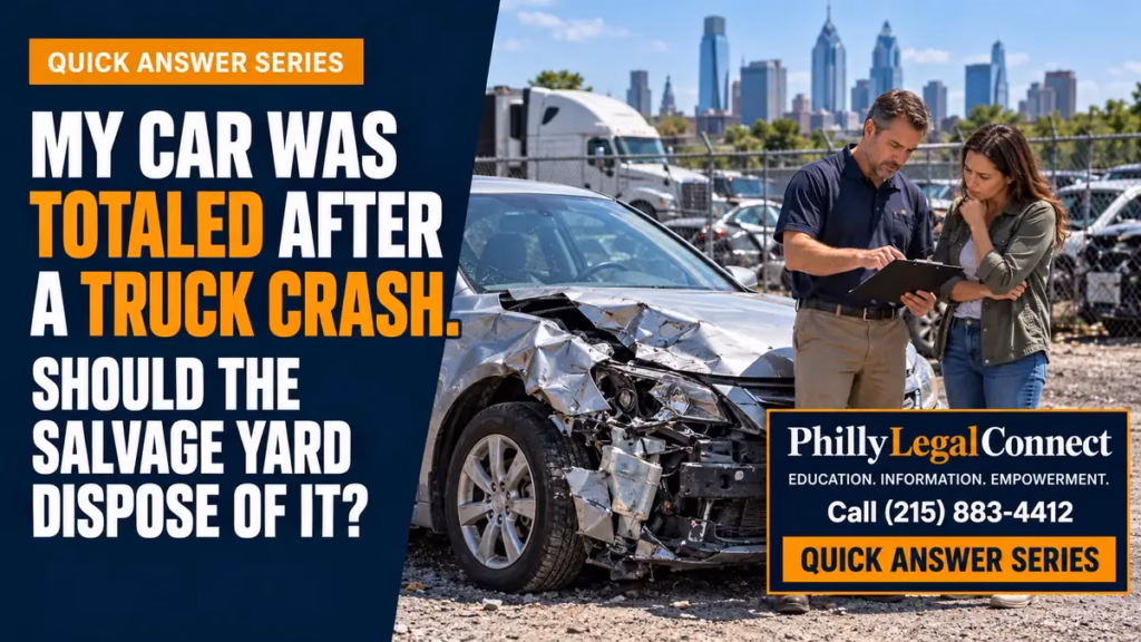 Car was totaled after a truck crash: damaged sedan awaiting inspection at a storage yard, with the PhillyLegalConnect banner.