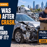 Car was totaled after a truck crash: damaged sedan awaiting inspection at a storage yard, with the PhillyLegalConnect banner.