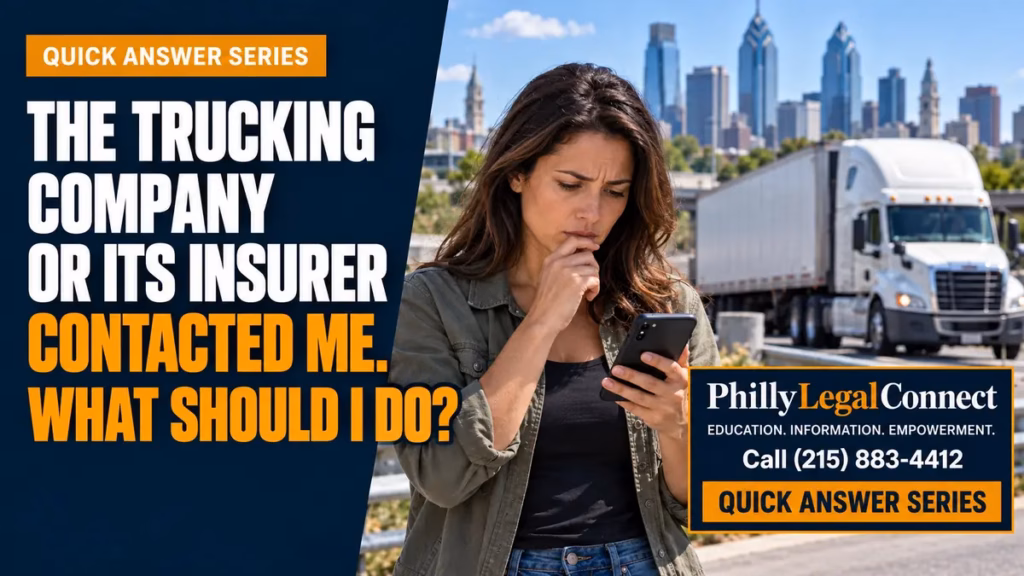 Trucking company or its insurer contacts me after a truck crash as a woman reviews a phone message near a commercial truck.