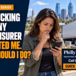 Trucking company or its insurer contacts me after a truck crash as a woman reviews a phone message near a commercial truck.