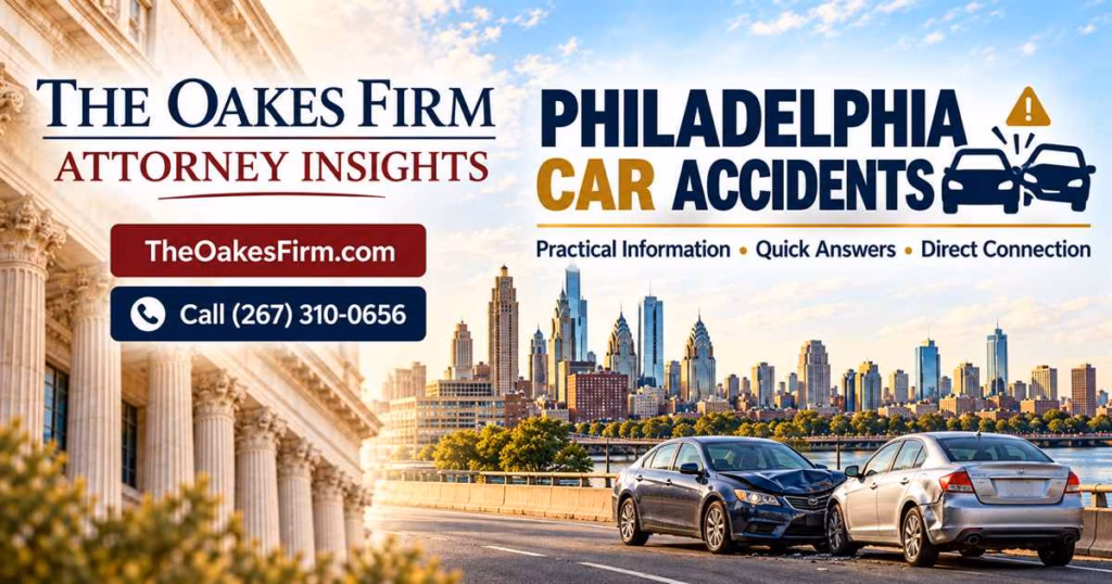 Philadelphia car accident attorney insights from The Oakes Firm, featuring the Philadelphia skyline and two damaged vehicles after a collision.