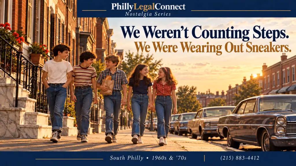 Illustration of children in canvas sneakers walking past South Philly rowhouses and vintage cars.