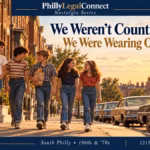 Illustration of children in canvas sneakers walking past South Philly rowhouses and vintage cars.